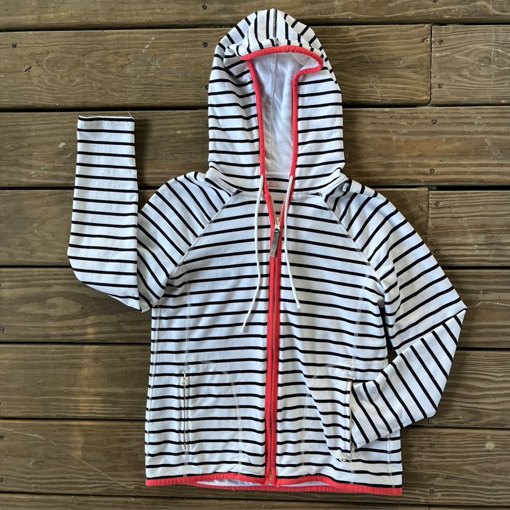Talbots White and Black Striped Hoodie with Coral Trim